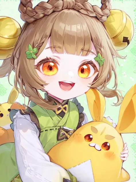 <lora:yaoyao_xl:1>,(\yaoyao\),1girl,hair ornament,bell,bangs,looking at viewer,smile,brown hair,solo,braid,open mouth,sidelocks,:d,blunt bangs,stuffed toy,bow,zoom layer,stuffed animal,hair bell,jingle bell,orange eyes,green bow,dress,