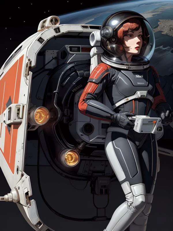 (best quality:1.2), 1woman, full body and legs showing, correct anatomy, correct eyes, spacesuit, glass helmet, (correct drawn face)++, black and red two-toned hair, retro wavy hairstyle, <lora:Muf:0.8> MUF, thin outline, epic space scenery, 2d art,<lora:furthermoreV9:0.8>, correct drawn fingers, <lora:zoom_slider_v1:-1>, vintage art, illustration, 1960, retrofuturism, <lora:spacecraft:0.8> spacecraft, concept art, science fiction <lora:spacesuit3:0.8> spacesuit
