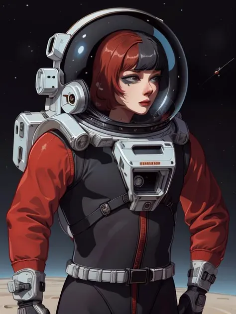 (best quality:1.2), 1woman, full body and legs showing, correct anatomy, correct eyes, spacesuit, glass helmet, (correct drawn face)++, black and red two-toned hair, retro wavy hairstyle, <lora:Muf:0.8> MUF, thin outline, epic space scenery, 2d art,<lora:furthermoreV9:0.8>, correct drawn fingers,  <lora:zoom_slider_v1:-1>, vintage art, illustration, 1960, retrofuturism, <lora:spacecraft:0.8> spacecraft, concept art, science fiction <lora:spacesuit3:0.8> spacesuit