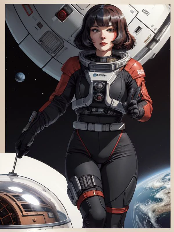(best quality:1.2), 1woman, full body and legs showing, correct anatomy, correct eyes, spacesuit, glass helmet, (correct drawn face)++, black and red two-toned hair, retro wavy hairstyle, <lora:Muf:0.8> MUF, thin outline, epic space scenery, 2d art,<lora:furthermoreV9:0.8>, correct drawn fingers, <lora:zoom_slider_v1:-1>, vintage art, illustration, 1930, art deco style, retrofuturism, <lora:spacecraft:0.8> spacecraft, concept art, science fiction <lora:spacesuit3:0.4> spacesuit,