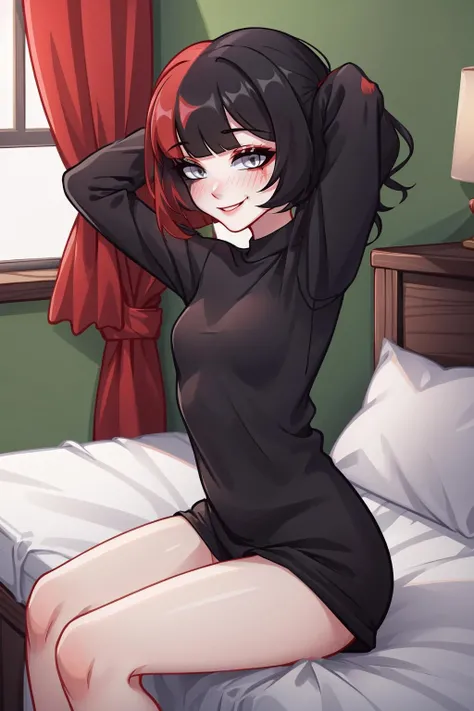 (black shirt:1.2), without pants, bare thighs, (from side:0.7),
sitting on bed, cross arms,
<lora:Muf:0.75>, muf, 1girl, solo, grey eyes, (smile:1.2), shy, blush