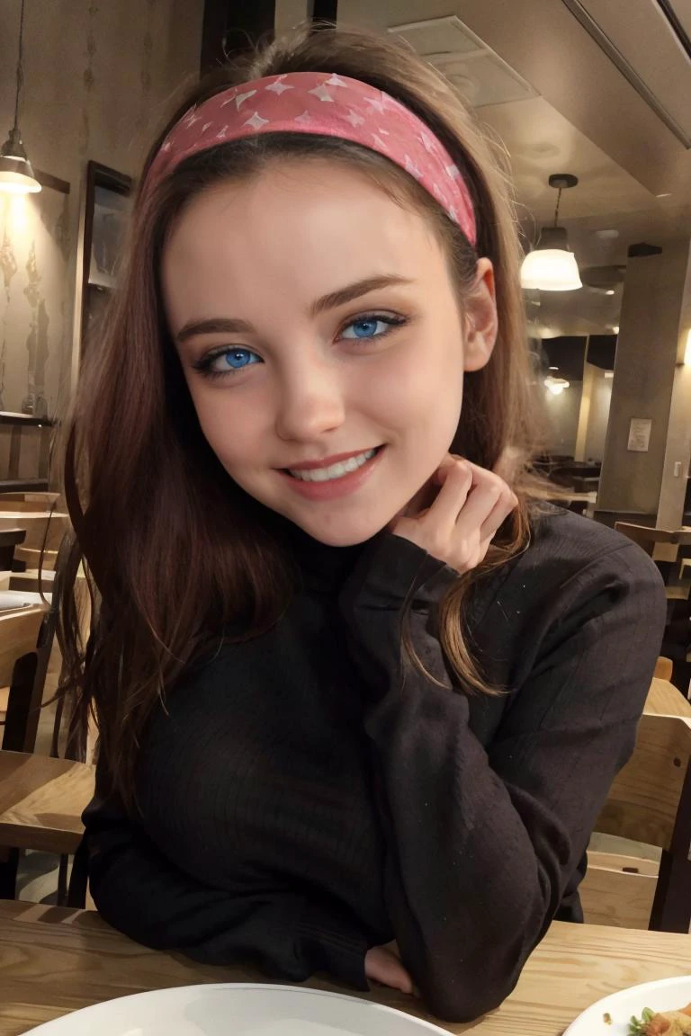<lora:Ellen:0.6> medium breasts, looking at viewer, seductive smile, blush, high quality, masterpiece, <lora:breast_on_table:0.8> breasts on table, breast rest, in a restaurant, wearing a tight sweater, headband