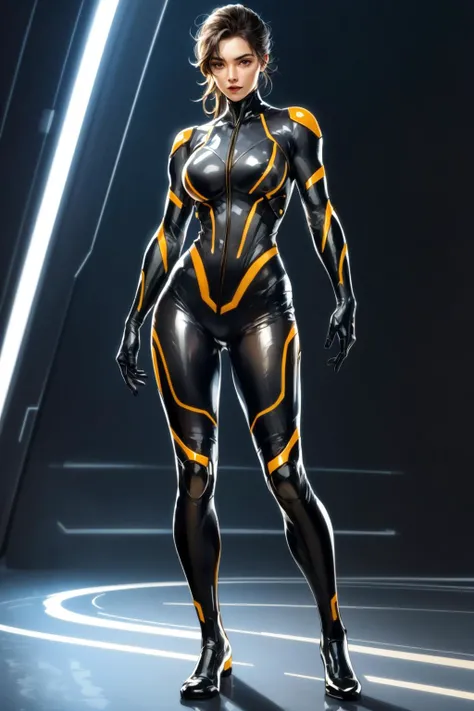 2. A beautiful and elegant nine-headed beauty from the East, slim , sexy , All black with gold pattern, Healthy beauty with muscles, Matte thin black tights covering the entire body, long straight hair, Futuristic design, Same thing, 8k , Background inside a future spaceship, A helmet with metal accents on the face, like a robot suit, hands, elbows, shoulders, knees, boots, and even the soles of the feet. , No skin exposure, Draw me a sexy female combat suit. head->Full picture to the feet. Image ratio horizontal 16: Vertical 9, Full body 2m away.