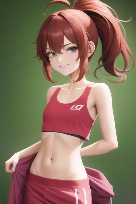 absurdres, 1girl, baggy pajamas, sports bra, ponytail, seductive smile, high detail, sharpen