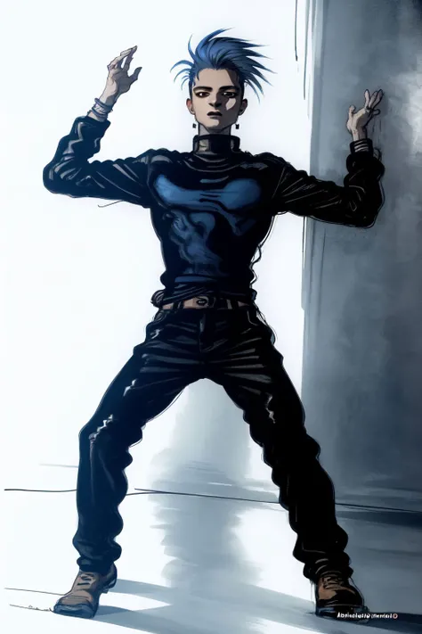 full body, solo, 1boy, male, looking up, blue hair, slick back, dark brown eyes, khakis <lora:amano_yoshitaka_style_v01:1>