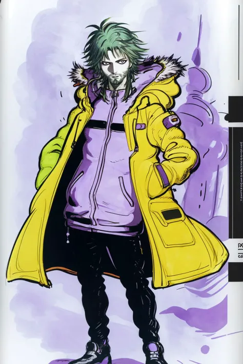 full body, solo, 1boy, male, looking at viewer, green hair, fade with beard, purple eyes, parka <lora:amano_yoshitaka_style_v01:1>