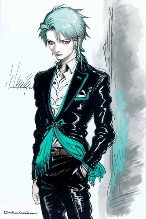 cowboy_shot, solo, 1boy, male, looking down, aqua hair, comb over, light grey eyes, suit pants <lora:amano_yoshitaka_style_v01:1>