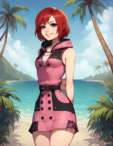 score_9, score_8_up, 1girl, solo, blushyspicy, outdoors, island, palm trees, blurred background, dof, arms behind back, wide hips, narrow waist, kh3kairi, short hair, red hair, blue eyes, looking at viewer, smile, black hood, short dress, pink dress, pink plaid, sleeveless <lora:BlushySDXL:1> <lora:KairiSDXL:1>