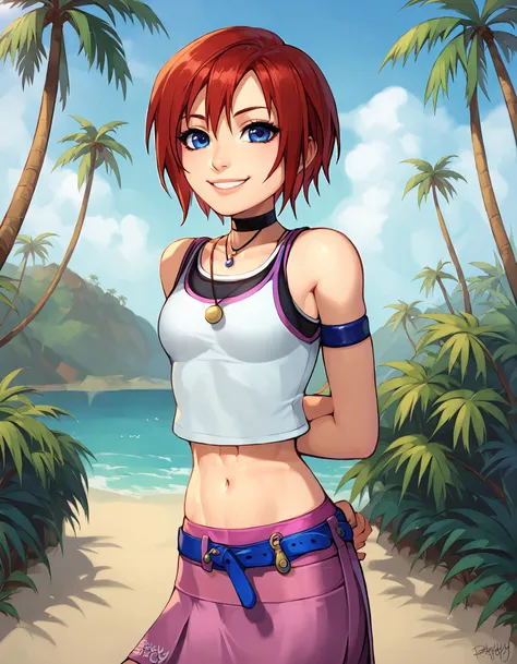 score_9, score_8_up, 1girl, solo, blushyspicy, outdoors, island, palm trees, blurred background, dof, arms behind back, kh1kairi, choker, red hair, blue eyes, looking at viewer, smile, short hair, white tanktop, pink skirt, midriff, navel <lora:BlushySDXL:1> <lora:KairiSDXL:1>