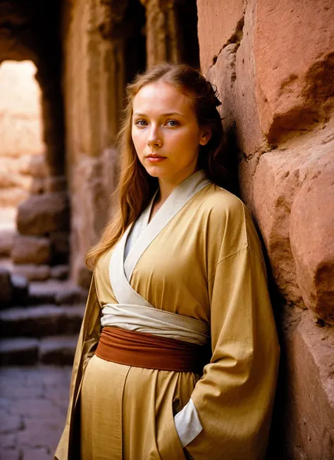 A stunning intricate full color portrait of (sks woman:1) in Petra, at the Treasury Al-Khazneh, wearing Kimono and high-waisted pants, epic character composition, sharp focus, natural lighting, subsurface scattering, f2, 35mm, film grain, , by Imogen Cunningham, <lora:locon_mollyquinn_v1_from_v1_64_32:1>