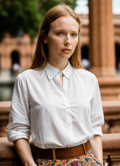 A stunning intricate full color portrait of (sks woman:1) in Seville, at the Plaza de Espaa, wearing fancy shirt, epic character composition, sharp focus, natural lighting, subsurface scattering, f2, 35mm, film grain, , by Edward Weston, <lora:locon_mollyquinn_v1_from_v1_64_32:1>