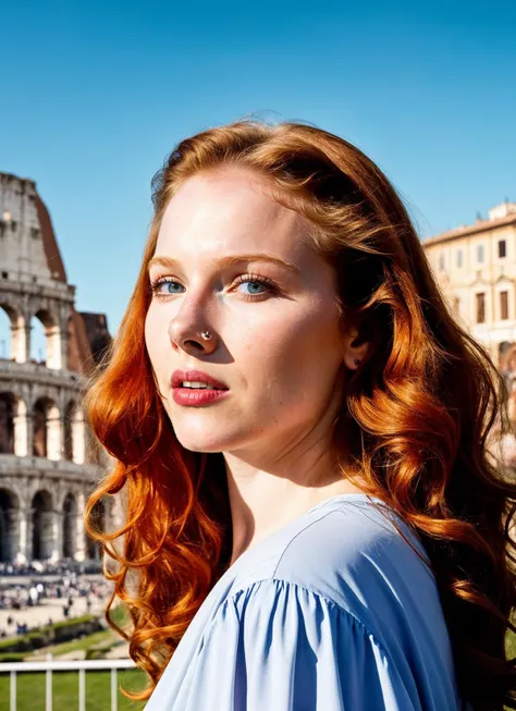 portrait of sks woman in rome, in front of coloseum, by Flora Borsi, style by Flora Borsi, bold, bright colours, ((Flora Borsi)), by David LaChapelle, <lora:locon_mollyquinn_v1_from_v1_64_32:1>