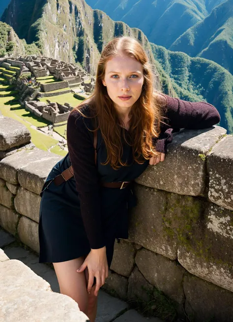 portrait of sks woman in Machu Picchu, with the ancient ruins in the background, by Flora Borsi, style by Flora Borsi, bold, bright colours, ((Flora Borsi)), by Dorothea Lange, <lora:locon_mollyquinn_v1_from_v1_64_32:1>