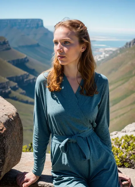 A stunning intricate full color portrait of (sks woman:1) in Cape Town, at Table Mountain, wearing Wrap top and wide-leg jumpsuit, epic character composition, sharp focus, natural lighting, subsurface scattering, f2, 35mm, film grain, , by Dorothea Lange, <lora:locon_mollyquinn_v1_from_v1_64_32:1>