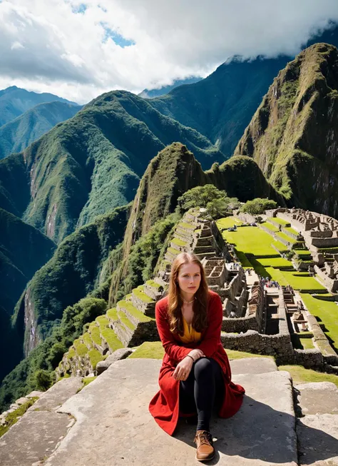 portrait of sks woman in Machu Picchu, with the ancient ruins in the foreground, by Flora Borsi, style by Flora Borsi, bold, bright colours, ((Flora Borsi)), by Jimmy Nelson, <lora:locon_mollyquinn_v1_from_v1_64_32:1>