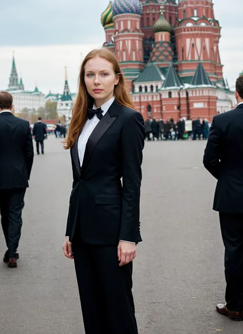 A stunning intricate full color portrait of (sks woman:1) in Moscow, at the Red Square with St. Basil's Cathedral in the background, wearing Tuxedo jacket and tailored trousers, epic character composition, sharp focus, natural lighting, subsurface scattering, f2, 35mm, film grain, , by Gregory Crewdson, <lora:locon_mollyquinn_v1_from_v1_64_32:1>
