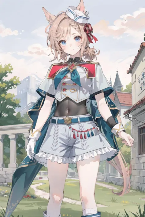 best quality,masterpiece, high res,original, beautiful detailed eyes,ultra-detailed, extremely detailed face, Vnus Parc \(umamusume\), gloves, white gloves, socks, hat, single glove, shorts, boots, white socks, kneehighs, belt, frills, white footwear, jacket, bow, short sleeves, single sleeve, cropped jacket, asymmetrical gloves, mismatched gloves, bodystocking, blush, smile, looking at viewer, standing, outdoors, detailed background, grass, lawn, cowboy shot, from below
<lora:Vnus Parc-000030:0.9>
