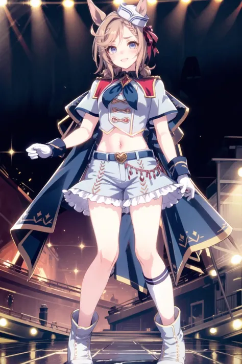 best quality,masterpiece, high res,original, beautiful detailed eyes,ultra-detailed, extremely detailed face, Vnus Parc \(umamusume\), gloves, white gloves, socks, hat, single glove, shorts, boots, white socks, kneehighs, belt, frills, white footwear, jacket, bow, short sleeves, single sleeve, cropped jacket, asymmetrical gloves, mismatched gloves, bodystocking, blush, smile, looking at viewer, standing, detailed background, grass, lawn, cowboy shot, from below, stage, on stage, stage light, spotlight, singing, dancing, wide shot, audience
<lora:Vnus Parc-000030:0.9>