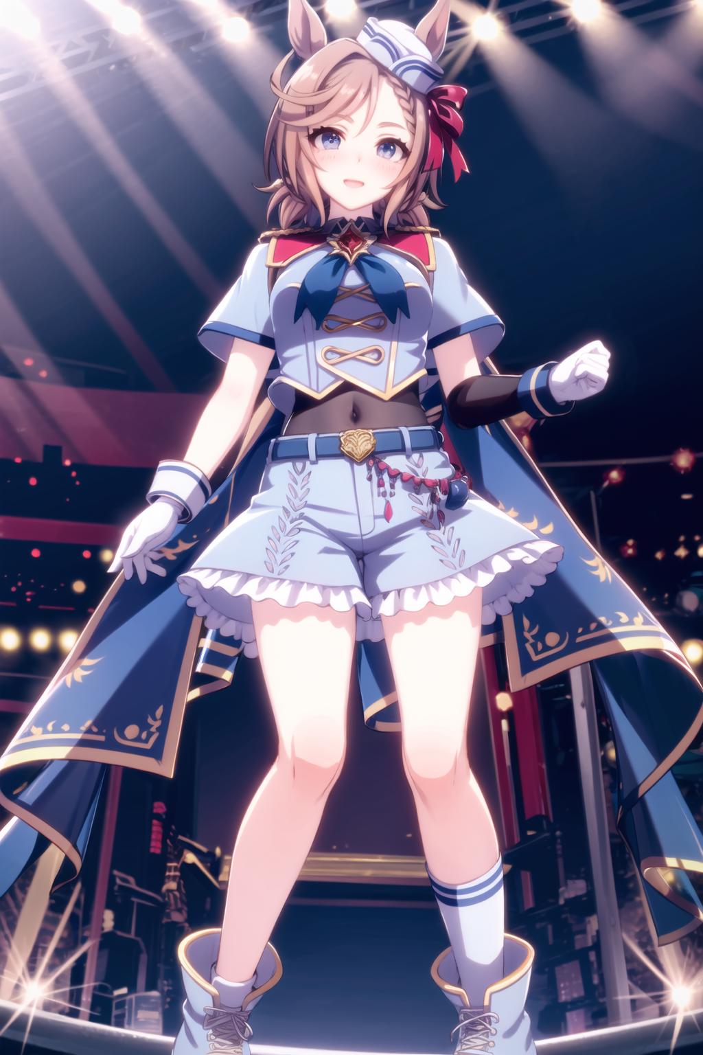 A woman in a blue dress and a red bow stands on a stage - SeaArt AI