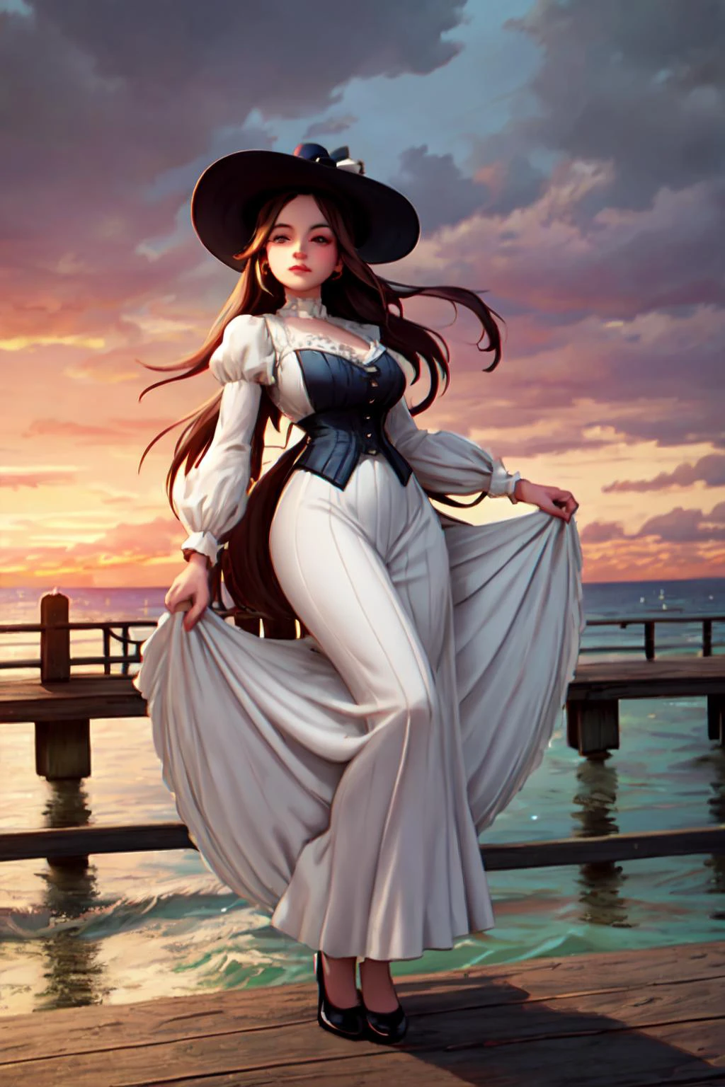 a beautiful victorian woman standing on a pier. looking out wistfully over the sea. wide-brimmed hat. low clouds, sunset. high dynamic range.