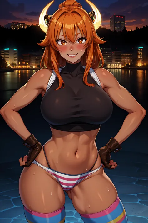 extremely detailed, detailed hair, intricate details, finely detailed, [[soft lighting, volumetric lighting]], 1girl, (solo:1.2), looking at viewer, close-up , hands on hips , , huge breasts, (crop top, striped thighhighs, gloves), , , (hair flaps, hime cut , , orange hair ,rainbow hair), smile, sweat,, dark skin, blush, , with a mountain range in the background, glowing cityscape reflecting on a river , <lora:fueV4LOL:1>