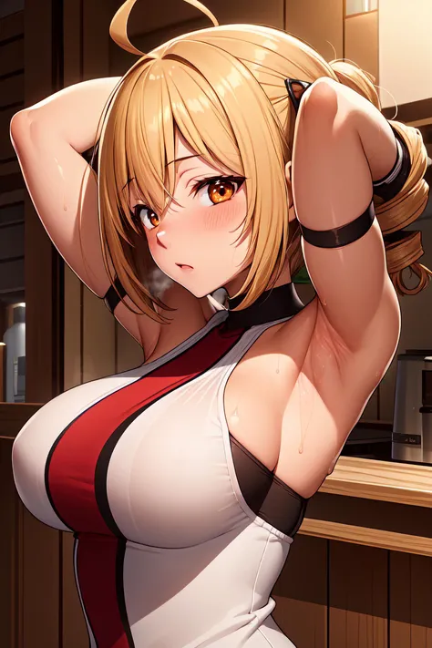 extremely detailed, detailed hair, intricate details, finely detailed, [[soft lighting, volumetric lighting]], 1girl, (solo:1.2), looking at viewer, upper body, ( arms behind head, arms up , armpits , ) seiza ,  , (tube dress,), long sleeves , (twin drills,parted bangs, bob cut , ahoge, colored tips ,light brown hair), surprised , sweat,, tan , blush, , ramen shop , <lora:fueV4LOL:1>