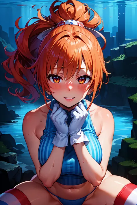 (masterpiece, best quality:1.2), extremely detailed, detailed hair, intricate details, finely detailed, [[soft lighting, volumetric lighting]], 1girl, (solo:1.2), looking at viewer, upper body, hands on own chest , squatting , large breasts , (crop top, striped thighhighs, gloves), (single hair intake,hair up ,curly hair, hime cut , high ponytail ,mohawk,), smile, sweat,, blush , (dark skin), (Dystopian Cityscape Crater Lake,Underwater Cave), <lora:fueV4LOL-000005:1>,