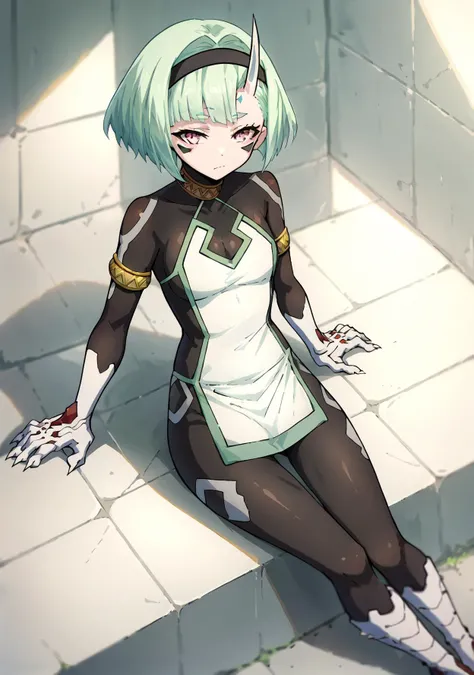 score_9, score_8_up, mlkokoxl, 1girl, <lora:kokopdxl-000006:1> solo,  black bodysuit, black hairband, bob cut, bodysuit under clothes, clawed boots, clothing cutout, facial mark, gold armlet, green trim, single horn, white clawed gauntlets, white halter dress, folded arms, sitting down