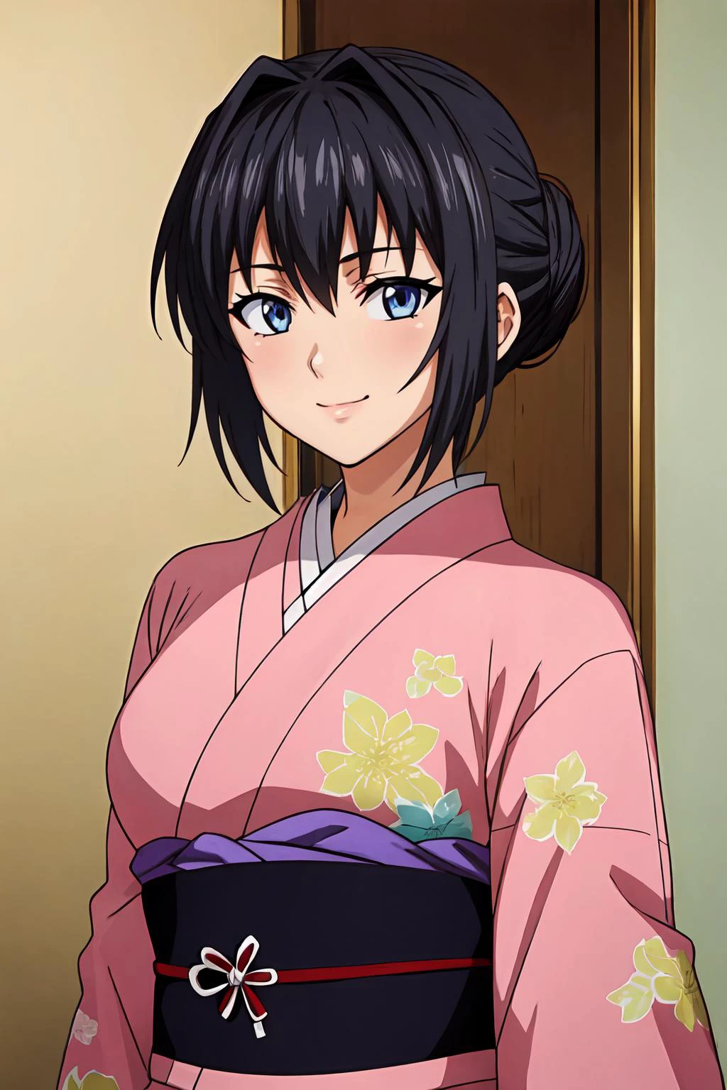(masterpiece, best quality:1.2), highres, anime screencap, anime coloring, 1girl, solo, seductive smile,
ChitoseYukino_V1, black hair, short hair, (single hair bun:1.1), bangs, blue eyes, large breasts,
japanese clothes, pink kimono, long sleeves, floral print, obi, sash,
indoors, looking at viewer, upper body, portrait,
<lora:add_detail_CyberAlchemist:0.4>, <lora:GoodHands-beta2:0.8>, <lora:HitouChitoseYukinoV1-000009:0.85>