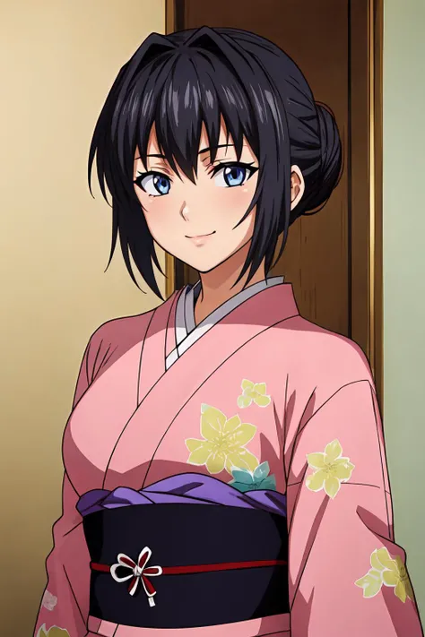 (masterpiece, best quality:1.2), highres, anime screencap, anime coloring, 1girl, solo, seductive smile, 
ChitoseYukino_V1, black hair, short hair, (single hair bun:1.1), bangs, blue eyes, large breasts, 
japanese clothes, pink kimono, long sleeves, floral print, obi, sash, 
indoors, looking at viewer, upper body, portrait, 
<lora:add_detail_CyberAlchemist:0.4>, <lora:GoodHands-beta2:0.8>, <lora:HitouChitoseYukinoV1-000009:0.85>