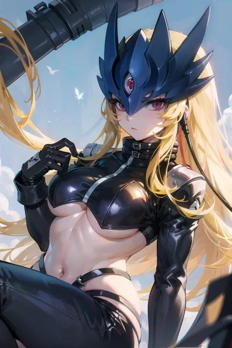 best quality, masterpiece, solo, 1girl, <lora:beelstarmon-000012:1>,beelstarmon, underboob, blonde hair,