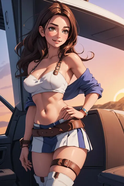 defined jawline, TalhoA, long hair, skirt, navel, bare shoulders, beautiful face, boots, midriff, belt, beach, sunset, miniskirt, bracelet, crop top, facial mark, blush, smiling, brown eyes, thigh strap, detailed face, <lora:TalhoF1:0.85>, (mature woman:1.3), (adult female:1.3), sexy , textured skin, ultra-detailed, ultra-realistic, (beautiful detailed face and hair:1.1), (narrow waist), wide hips:1.2, wide breasts, , perfect round breasts,, (8k uhd, cinematic lighting, film grain), (masterpiece:1.2, best quality:1.2)