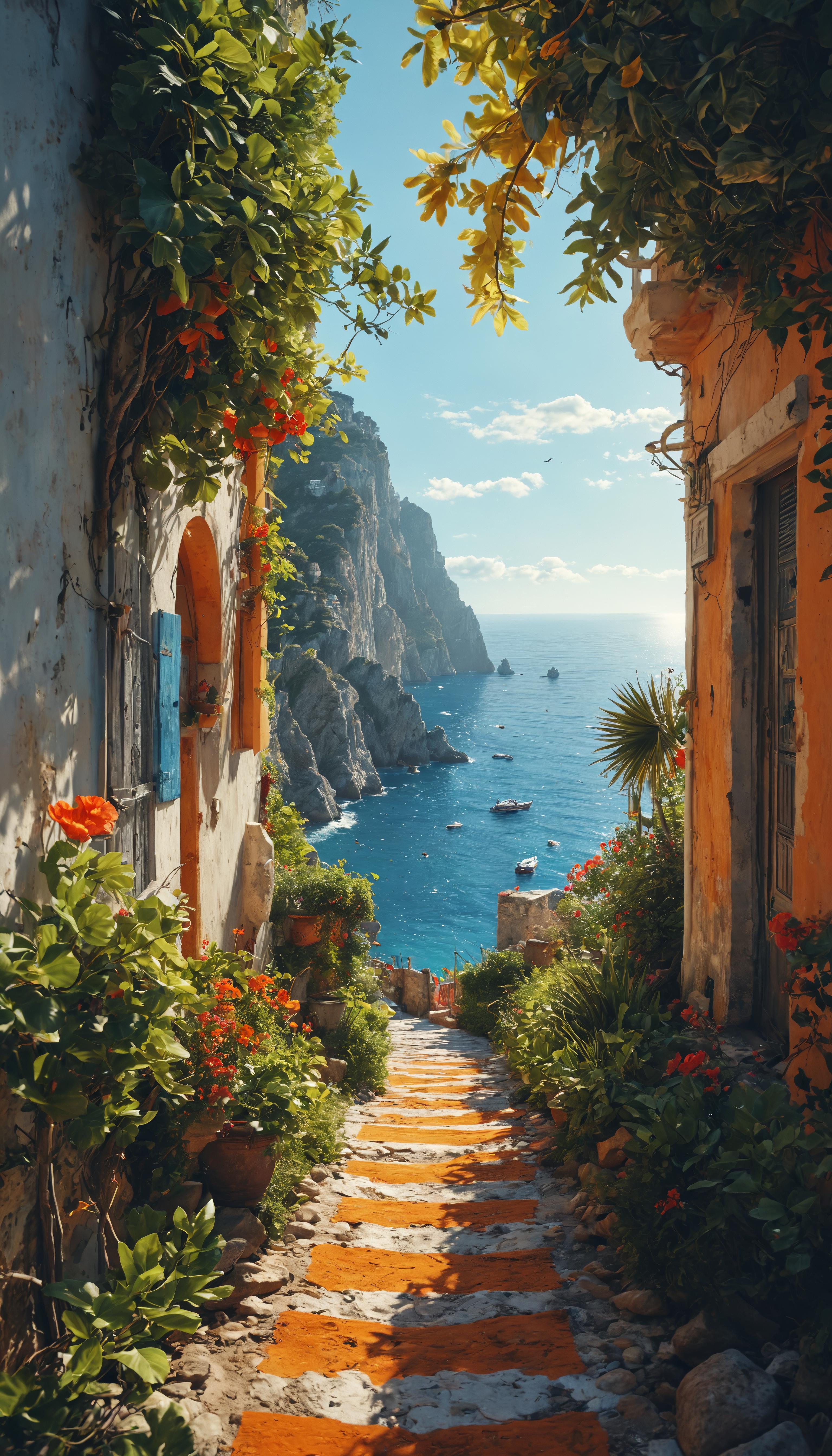 A painting of a pathway leading to a beach with boats in the water ...