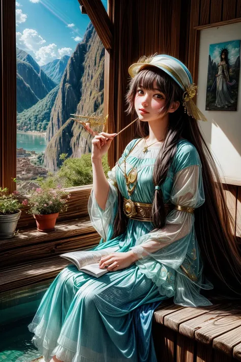 1girl, (romanticism art stylized by Pino Daeni:1.1) and (Marie-Thérèse Auffray:1.3) , figurativism art, artistic Digital art, behance, aerial shot of a Congolese ([Machu Picchu|warabimochi]:1.3) , it is very Refreshing and Cromulent, it is anthropomorphic with a face, it is covered in Colors, plain Mint green background, dense water with Red oak, at Golden hour, soft focus, Cel shading, Peaceful, insane details, Altermodern, Rembrandt lighting, 80mm, Technicolor, Ribbons, Luminism, extremely detailed CG Unity 8k wallpaper, Highres