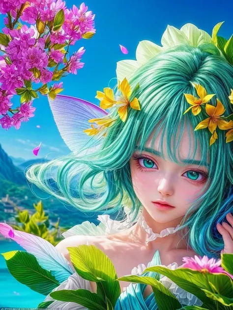 official art, unity 8k wallpaper, ultra detailed, beautiful and aesthetic, masterpiece, best quality,
A stunningly vibrant close-up of a colorful flower petal. Against this serene backdrop, a tiny, iridescent green fairy is about to perch delicately on the edge of the petal.