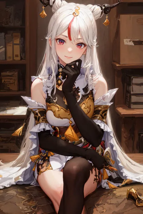 (best quality, masterpiece:1.2), detailed background, office,
one hand on chin, black gloves,
<lora:ningguangGenshin_defaultcos:1>, ningguang \(genshin impact\), sitting, crossed legs, upper body, , highres, (gentle smile:0.8), (sharp serious eyes), focused ,