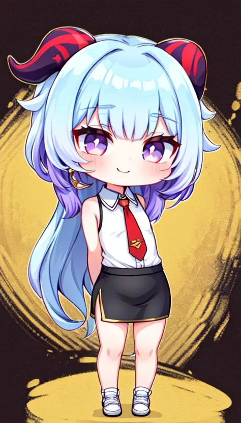 (BSCON STYLE,CUTE,BIG EYES,THICK OUTLINES),(CHIBI:1.33),(full bady:1.5),sweet smile,(flat chest:1.33),arms at sides,(arms behind back:1.33),
1girl,ganyu (genshin impact),solo,horns,long hair,blue hair,purple eyes,looking at viewer,neck bell,bangs,tassel,gold trim,thighlet,cowbell,goat horns,chinese knot,flower knot,blush,
(miniskirt,jewelry, earrings,pencil skirt,office lady,white (sleeveless) shirt,red long necktie,black skirt,collared shirt,dress shirt,button gap, (shirt tucked in)),(white shoes:1.33),
standing,
(Colorful psychedelic background:1.22),
<lora:BSCON_V1:1>,<lora:ganyu:0.8>,