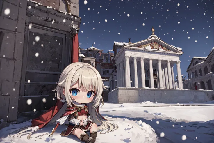 ((masterpiece)), (best quality), official art, extremely detailed CG, unity 8k wallpaper, ultra detailed, highly detailed, detailed background, photorealistic,
(romanarmy:1.2), (female romanarmy warrior with red cape:1.2), blue eyes, blonde hair, long hair, looking at looking at viewer, narrow waist, small breasts, sitting, (chibi:1.4),
roman temple, night, dark, moon, (snowing:1.4),
EdobAncientRome, <lora:EdobAncientRome_v1.0:0.6>, <lora:ARWromanarmy:0.8>,