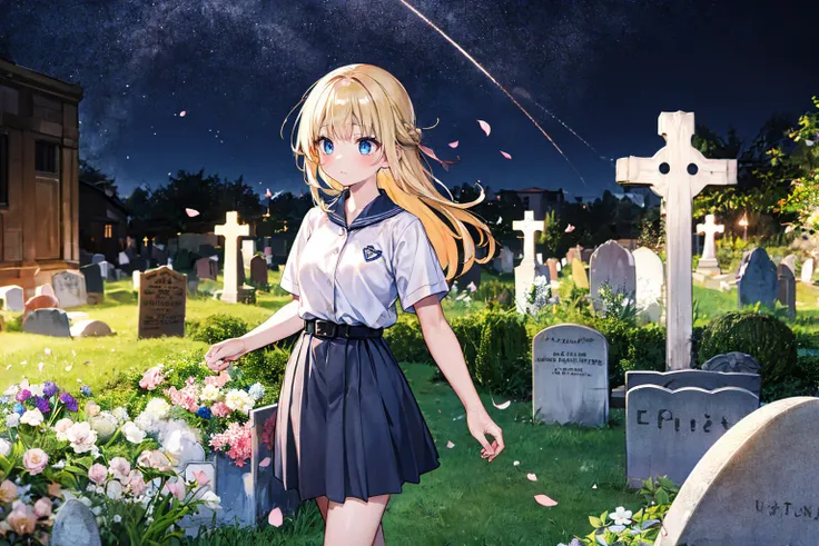 ((masterpiece)), (best quality), official art, extremely detailed CG, unity 8k wallpaper, ultra detailed, highly detailed,
1girl, (mathayom uniform), white shirt, short sleeves, (black pleated long skirt) , belt,miniskirt, <lora:mathayom22:0.8>, sad, blonde hair, long hair, blue eyes,
looking at a tombstone, holding flowers, (from side:0.8),
EdobGraveyardEngland cemetery, (night:1.4), shooting stars, dark night, petal, floating hair, wind,
<lora:EdobGraveyardEngland_v1.0:0.8>