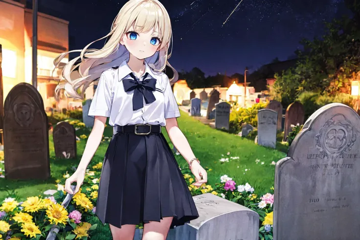 ((masterpiece)), (best quality), official art, extremely detailed CG, unity 8k wallpaper, ultra detailed, highly detailed,
1girl, (mathayom uniform), white shirt, short sleeves, (black pleated long skirt) , belt,miniskirt, <lora:mathayom22:0.8>, sad, blonde hair, long hair, blue eyes,
looking at a tombstone, holding flowers,
EdobGraveyardEngland cemetery, (night:1.4), shooting stars, dark night, petal, floating hair, wind, ghost,
<lora:EdobGraveyardEngland_v1.0:0.8>, <lora:ama_mitsuki_v0.1:0.9>,