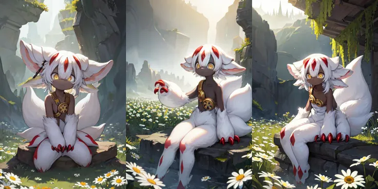 (otherworldly, otherworldly atmosphere, otherworldly appearance), highly insanely detailed, masterpiece, top quality, best quality, highres, 4k, 8k, RAW photo, <lora:faputa_15_lora:1>, furry, cute, collarbone, sitting, posing, full body, 4arms, yellow eyes, small breasts, fapugoggles around neck, faputail, fapuclaws, fapuhooves, field, daisies, closed mouth, sad, depressed, (fantasy world)