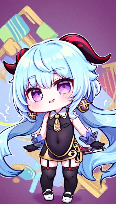 (BSCON STYLE,CUTE,BIG EYES,THICK OUTLINES),(CHIBI:1.33),(full bady:1.5),sweet smile,(flat chest:1.33),arms at sides,arms behind back,blow bubbles,
1girl,ganyu (genshin impact),solo,horns,long hair,blue hair,purple eyes,looking at viewer,neck bell,bangs,tassel,gold trim,thighlet,cowbell,goat horns,chinese knot,flower knot,blush,(miniskirt,jewelry, earrings,pencil skirt,office lady,white (sleeveless) shirt,red long necktie,black skirt,collared shirt,dress shirt,button gap, (shirt tucked in),black thighhighs, garter straps:1.3),(white shoes:1.33),
standing,
(Colorful psychedelic background:1.22),
<lora:BSCON_V1:1.2>,<lora:ganyu:0.8>,