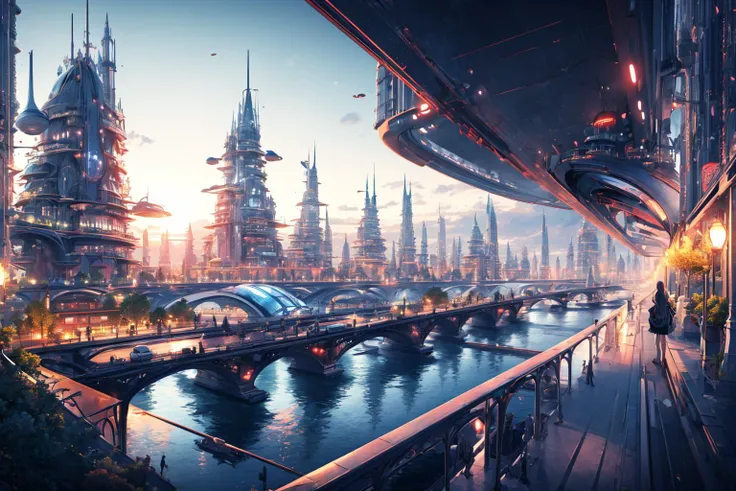 ((masterpiece)), (best quality), official art, extremely detailed CG, unity 8k wallpaper, ultra detailed, detailed background, vivid color, photorealistic, landscape, wide shot, 1girl,
a futuristic city with a spaceship flying over it,
<lora:Science and technology:0.8>
