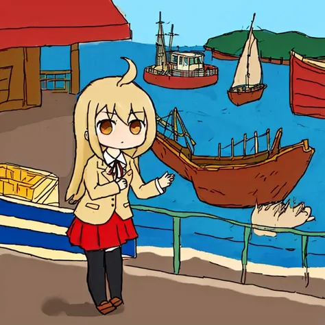 wster, simple, simplistic, ms_paint_(medium), (masterpiece, best quality),
1girl, chiaki, long hair, blonde hair, ahoge, brown eyes, brown hair, flat chest, school uniform, beige blazer, neck ribbon, red skirt, black thighhighs, <lora:chiaki_ver1.0_4:0.6>,
outline, thin outline, black outline, Posing as if holding a guitar, waterfront, boats docked, bustling harbor, seaside,
<lora:Wster_20:0.7>