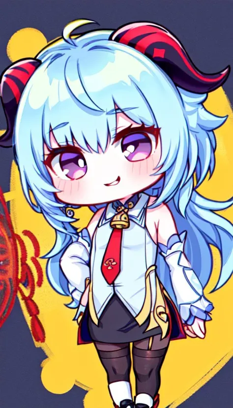 (BSCON STYLE,CUTE,BIG EYES,THICK OUTLINES),(CHIBI:1.33),(full bady:1.5),sweet smile,(flat chest:1.33),arms at sides,arms behind back,blow bubbles,
1girl,ganyu (genshin impact),solo,horns,long hair,blue hair,purple eyes,looking at viewer,neck bell,bangs,tassel,gold trim,thighlet,cowbell,goat horns,chinese knot,flower knot,blush,(miniskirt,jewelry, earrings,pencil skirt,office lady,white (sleeveless) shirt,red long necktie,black skirt,collared shirt,dress shirt,button gap, (shirt tucked in),black thighhighs, garter straps:1.3),(white shoes:1.33),
standing,
(Colorful psychedelic background:1.22),
<lora:BSCON_V1:1.2>,<lora:ganyu:0.8>,