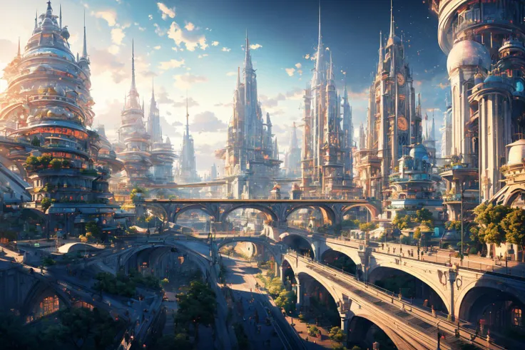 ((masterpiece)), (best quality), official art, extremely detailed CG, unity 8k wallpaper, ultra detailed, detailed background, vivid color, photorealistic, landscape, wide shot, 1girl,
a digital painting of a futuristic city with a clock tower,
<lora:Science and technology:0.8>