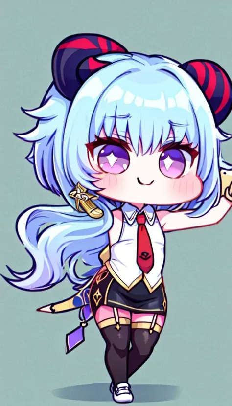 (BSCON STYLE,CUTE,BIG EYES,THICK OUTLINES),(CHIBI:1.33),(full bady:1.5),sweet smile,(flat chest:1.33),arms at sides,arms behind back,blow bubbles,
1girl,ganyu (genshin impact),solo,horns,long hair,blue hair,purple eyes,looking at viewer,neck bell,bangs,tassel,gold trim,thighlet,cowbell,goat horns,chinese knot,flower knot,blush,(miniskirt,jewelry, earrings,pencil skirt,office lady,white (sleeveless) shirt,red long necktie,black skirt,collared shirt,dress shirt,button gap, (shirt tucked in),black thighhighs, garter straps:1.3),(white shoes:1.33),
standing,
(Colorful psychedelic background:1.22),
<lora:BSCON_V1:1.2>,<lora:ganyu:0.8>,