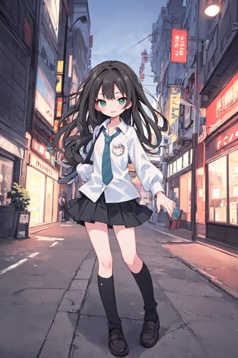 ((masterpiece)), (best quality), official art, extremely detailed CG, unity 8k wallpaper, ultra detailed, highly detailed, detailed background, vivid color, photorealistic, perfect lighting, best illumination,
1girl, rin shibuya, black hair, (green eyes:1.5), long hair,school uniform, white shirt, collared shirt, long sleeves, green necktie, striped necktie, miniskirt, black skirt, pleated skirt, black socks, <lora:rinshibuyatest:1>,
smile, outdoors, harajuku, city, street, sexy pose,
chibi, <lyco:chibi:0.8>