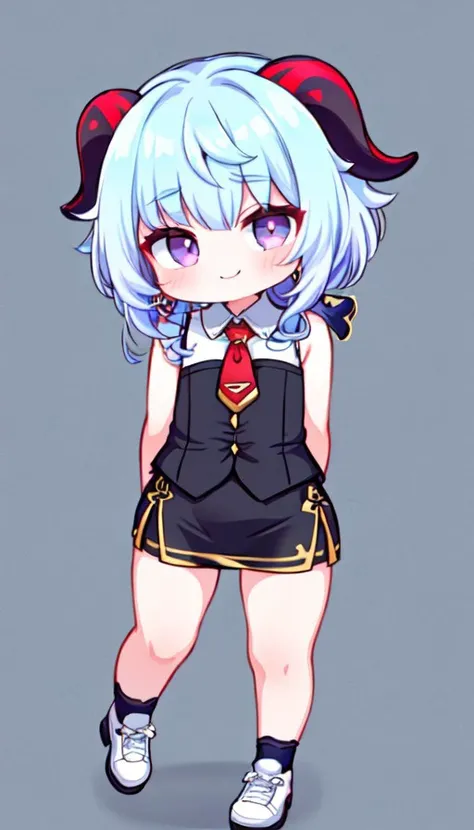 (BSCON STYLE,CUTE,BIG EYES,THICK OUTLINES),(CHIBI:1.33),(full bady:1.5),sweet smile,(flat chest:1.33),arms at sides,(arms behind back:1.33),
1girl,ganyu (genshin impact),solo,horns,long hair,blue hair,purple eyes,looking at viewer,neck bell,bangs,tassel,gold trim,thighlet,cowbell,goat horns,chinese knot,flower knot,blush,
(miniskirt,jewelry, earrings,pencil skirt,office lady,white (sleeveless) shirt,red long necktie,black skirt,collared shirt,dress shirt,button gap, (shirt tucked in)),(white shoes:1.33),
standing,
(Colorful psychedelic background:1.22),
<lora:BSCON_V1:1>,<lora:ganyu:0.8>,