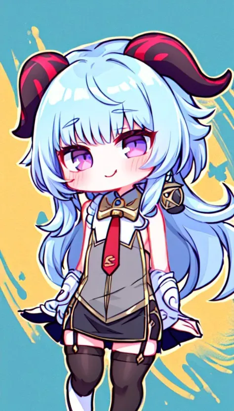 (BSCON STYLE,CUTE,BIG EYES,THICK OUTLINES),(CHIBI:1.33),(full bady:1.5),sweet smile,(flat chest:1.33),arms at sides,arms behind back,blow bubbles,
1girl,ganyu (genshin impact),solo,horns,long hair,blue hair,purple eyes,looking at viewer,neck bell,bangs,tassel,gold trim,thighlet,cowbell,goat horns,chinese knot,flower knot,blush,(miniskirt,jewelry, earrings,pencil skirt,office lady,white (sleeveless) shirt,red long necktie,black skirt,collared shirt,dress shirt,button gap, (shirt tucked in),black thighhighs, garter straps:1.3),(white shoes:1.33),
standing,
(Colorful psychedelic background:1.22),
<lora:BSCON_V1:1.2>,<lora:ganyu:0.8>,